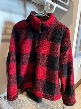 Love Tree Red and Black Buffalo Plaid Sherpa Half-Zip